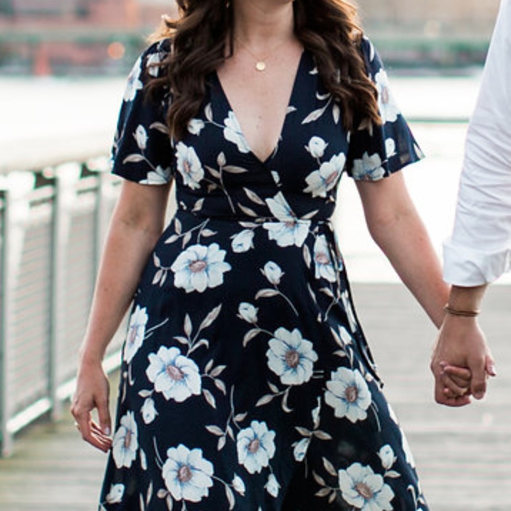 Navy Blue Floral Wrap Dress